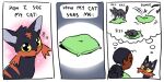 2025 2:1 3_panel_comic ambiguous_gender black_body black_fur black_nose black_text cheek_tuft comic duo english_text exclamation_point eyebrows eyes_closed facial_tuft felid feline feral flavia-elric fur generation_7_pokemon hair human litten mammal motion_lines mouth_closed nintendo paws pillow pokemon pokemon_(species) pupils red_body red_fur sound_effects sparkles text tuft yellow_eyes