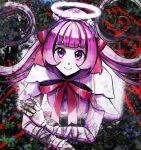  1girl ai-chan_(love_angel_syndrome) bandaged_arm bandages bandaid bandaid_on_face bandaid_on_forehead blunt_bangs distortion double-parted_bangs hair_ribbon halo hat highres joints looking_at_another love_angel_syndrome neck_ribbon nurse_cap official_art pink_eyes pink_hair ribbon robot_joints smile solo sparkling_eyes twintails upper_body winged_sleeves wrist_cuffs 