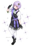  1girl a.i._voice absurdres animal_print black_dress black_gloves blush boots breasts dress from_above full_body gloves hair_ornament hairpin hand_up highres long_hair looking_at_viewer looking_up m-&gt;g purple_eyes purple_hair rabbit_print shirt sleeveless sleeveless_dress small_breasts smile solo standing thighhighs twintails v vocaloid white_shirt yuzuki_yukari yuzuki_yukari_(a.i._voice_2) 