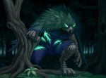 absurd_res anthro avian avian_feet beak bird blue_body claws clothing corvid corvus_(genus) detailed_background digital_media_(artwork) feathers feet fingers forest fur glowing glowing_eyes green_body green_eyes hi_res male muscular mythological_avian mythological_creature mythology nature night oscine outside passerine plant raven reku_illustration solo talons toes tree