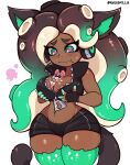 between_breasts black_clothing blush bottomwear breasts cat_tail cephalopod cleavage clothed clothing duo electronics fangs female female/female feral headphones hi_res holding_breast human humanoid inkling legwear looking_at_another lying_on_breasts mammal marina_(splatoon) marine markings mole_(marking) mollusk nauskills navel navel_piercing nintendo octarian octoling pearl_(splatoon) piercing predator/prey race shorts simple_background size_difference splatoon teeth tentacles thick_thighs thigh_highs zipper