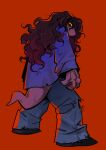 3_fingers anthro biped bottomwear clothed clothing deltarune female fingers footwear glacierclear hair hi_res looking_back non-mammal_hair orange_sclera pants plantigrade purple_tail rear_view red_background reptile scalie shoes simple_background solo susie_(deltarune) tail topwear undertale_(series)