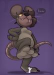2023 american_mythology anthro belly chupacabra clothing costume denatured_albumin_(character) denaturedalbumin duo hi_res male mammal mouse murid murine mythology purple_background rodent simple_background size_difference text yellow_sclera