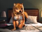 all_fours alpha_and_omega anthro bed bedding bedroom bikini bikini_thong bikini_top breasts camera canid canine canis cleavage clothed clothing conquart crawling detailed_background female fur furniture hair hi_res kate_(alpha_and_omega) lamp mammal on_bed orange_body orange_eyes orange_fur orange_hair pillow solo swimwear tail two-piece_swimsuit wolf