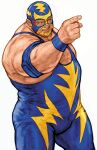 1boy blonde_hair capcom_vs_snk_2 facial_hair fat fat_man fatal_fury game_cg highres looking_to_the_side male_focus muscular nishimura_kinu non-web_source official_art pointing raiden_(snk) snk solo spandex wrestling wrestling_mask wrestling_outfit 