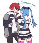  &gt;_&lt; 1boy 1girl amemiya_darumi black_hair black_pants black_skirt blue_hair blush cheek_pull commentary english_commentary english_text facial_tattoo facing_away grey_hoodie hands_on_another&#039;s_face highres hood hoodie long_sleeves multicolored_hair pants pink_thighhighs pleated_skirt red_hair shirt simple_background skirt smile streaked_hair striped_clothes striped_shirt sumino_takumi tattoo the_hundred_line_-last_defense_academy- thighhighs twintails white_background white_shirt yan_(keisaiins) 