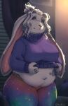2025 5_fingers anthro bed bedroom belly big_breasts blinds blue_eyes blurred_background breasts clothed clothing clothing_lift curtains digital_media_(artwork) eye_markings eyebrows female fern_(tasanko) fingers fur furniture grey_markings hair huge_thighs lagomorph leggings legwear leporid long_ears looking_at_viewer mammal markings mottled navel night noviraine overweight overweight_female pattern_clothing pattern_legwear pillow pink_inner_ear pink_nose ponytail purple_clothing purple_sweater purple_topwear rabbit shirt shirt_lift signature smile solo star_pattern sweater thick_thighs topwear turtleneck undressing white_body white_fur white_hair wide_hips window