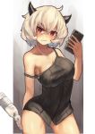  1girl absurdres bare_shoulders black_horns black_shirt bottle breasts cellphone cleavage closed_mouth collarbone demon_girl eyebrows helltaker highres holding holding_bottle holding_phone horns looking_at_viewer malina_(helltaker) medium_breasts off-shoulder_shirt off_shoulder phone red_eyes shirt solo taku57 wavy_mouth white_hair 