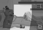 abs anthro balls bare_chest bed book bookshelf canid canine canis clothing container cup fangs figurine fox furniture genitals glans gregg_lee hand_on_penis hi_res male mammal masturbation monochrome muscular muscular_anthro muscular_male navel night_in_the_woods nipples pecs penile penile_masturbation penis simple_background solo teeth translucent translucent_clothing xzenonart