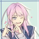  bang_dream! bang_dream!_it&#039;s_mygo!!!!! blush chihaya_anon crimppp77 fang grey_eyes heart heart_hands highres long_hair long_sleeves one_eye_closed open_mouth pink_hair simple_background 