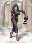  1girl anklet artist_logo artist_name bag black_dress black_hair black_sandals breasts dress earrings feet full_body grey_eyes hair_between_eyes hair_ribbon handbag hex_maniac_(pokemon) hex_maniac_(pokemon_legends:_z-a) high_heel_sandals high_heels highres holding huge_breasts impossible_clothes impossible_dress jewelry lace-trimmed_panties lace_trim legs lingerie linkartoon logo long_sleeves low_ponytail outdoors panties parted_lips pokemon pokemon_legends:_z-a ponytail purple_ribbon ribbon sandals see-through_clothes see-through_dress shadow sketch_background solo sound_effects stiletto_heels strappy_heels thigh_strap toenails toes underwear wide_sleeves 