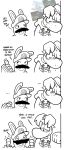 2023 4_fingers 4_panel_comic anthro big_nose black_and_white black_eyes black_facial_hair black_mustache bodily_fluids closed_smile clothed clothed_humanoid clothed_male clothing comic crossover digital_media_(artwork) duo ellipsis english_description english_text eyes_closed facial_hair fingers flat_colors floating_hands floating_head gauntlets_(weapon) hair hi_res hoodie humanoid lagomorph larger_humanoid larger_male leaning_on_wall long_ears looking_at_another looking_back looking_back_at_another male male_anthro male_humanoid mammal mario_bros mario_plus_rabbids_kingdom_battle mario_plus_rabbids_sparks_of_hope memories monochrome motion_lines mouth_closed mustache nintendo noseless open_mouth open_smile pupils rabbid rabbid_mario raving_rabbids raygirl rayman rayman_(series) raypeople_(rayman) screencap serguei shaking short_hair simple_background size_difference smaller_anthro smaller_male smile smiling_at_another sweat sweaty_face talking_to_another teeth text topwear traumatized trembling ubisoft wall_(structure) white_background white_hair white_pupils