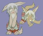2025 all_fours ambiguous_gender anthro clothed clothing digitigrade eye_through_hair eyebrow_through_hair eyebrows front_view hair lagomorph leporid long_hair looking_at_viewer made_in_abyss mammal nanachi narehate open_mouth rabbit simple_background solo standing stretching teochronico topless translucent translucent_hair whiskers