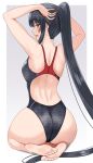  1girl ass barefoot black_hair blush breasts comb competition_swimsuit grey_background highres kantai_collection large_breasts long_hair looking_at_viewer looking_back mayomaru1 one-piece_swimsuit ponytail red_eyes smile solo swimsuit very_long_hair white_background yahagi_(kancolle) 