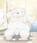  2020 anthro balls bathing bathroom belly black_nose blush convenient_censorship eyes_closed fur genitals humanoid_hands kemono male mammal moobs navel nipples overweight overweight_male polar_bear sitting solo toshi_(artist) ursid ursine white_body white_fur young 