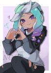  1girl aqua_hair black_hoodie black_pants border bow_hairband closed_mouth commentary eyebrow_cut gradient_hair hairband heart heart_hands highres hood hoodie kirakeen long_hair looking_at_viewer multicolored_hair octoling octoling_girl octoling_player_character outside_border pants purple_eyes purple_hair smile solo sparkle splatoon_(series) splatoon_3 symbol-only_commentary tentacle_hair torn_clothes torn_pants two-tone_hair watermark white_border white_hairband 