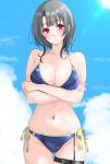  1girl absurdres ass_visible_through_thighs black_hair blue_sky blush breasts cloud cloudy_sky cowboy_shot crossed_arms day highres kantai_collection large_breasts looking_at_viewer navel nitamako_(sakamalh) outdoors red_eyes short_hair sky smile solo stomach takao_(kancolle) 