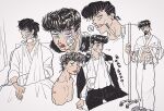  1boy absurdres aqua_eyes arm_sling bandage_on_face bandaged_arm bandaged_neck bandages bandaid bandaid_on_face bed black_jacket blood blood_on_face broken_arm cast diamond_wa_kudakenai flat_color gakuran grimace heart higashikata_josuke highres hospital hospital_bed hospital_gown intravenous_drip iv_stand jacket jojo_no_kimyou_na_bouken licking_lips male_focus multiple_views nosebleed open_mouth pants partially_colored peace_symbol pompadour school_uniform shirt short_hair slippers t_0nd tongue tongue_out white_eyes 