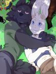 3:4 anthro arthropod blue_eyes butterfly canid canid_demon canine canis clothed clothing demon duo hellhound hi_res hug i_think_i_like_you insect lagomorph leon_(i_think_i_like_you) lepidopteran leporid low_level_demon_(i_think_i_like_you) lumii male male/male mammal mythological_canine mythological_creature mythology rabbit red_eyes relaxed_expression romantic romantic_ambiance romantic_couple sky_(i_think_i_like_you) smiley_face wolf