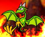 2024 2_horns 3_toes banjo-kazooie bent_leg brown_horn captainquack64 claws digital_drawing_(artwork) digital_media_(artwork) dipstick_tail dragon dragon_kazooie ear_frill english_description european_mythology eyelashes feet female female_feral feral fire flat_colors frill_(anatomy) furrowed_brow green_body green_scales green_tail green_wings hi_res horn kazooie long_neck markings membrane_(anatomy) membranous_wings midair mountain mythological_creature mythological_scalie mythology open_mouth open_smile orange_sky outside pink_tongue rareware red_eyes red_tail_tip scales scalie screencap screencap_background sky smile smiling_at_viewer solo spade_tail spread_wings tail tail_markings thin_legs thin_neck toe_claws toes tongue western_dragon white_claws wings wyvern