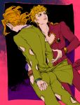  2boys belt blonde_hair bracelet braid bug cleavage_cutout closed_mouth clothing_cutout earrings food-themed_earrings from_behind giorno_giovanna green_eyes green_pants green_shirt highres jacket jewelry jojo_no_kimyou_na_bouken ladybug ladybug_earrings ladybug_ornament lipstick long_sleeves makeup male_focus multiple_boys okokoro_zaiku pannacotta_fugo pants perspective pink_belt red_jacket red_pants shirt short_hair sleeves_past_wrists strawberry_earrings stud_earrings vento_aureo victory_rolls 