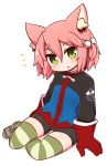  1girl 7th_dragon 7th_dragon_(series) :o animal_ears arm_support bangs bike_shorts black_shorts blue_jacket blush cat_ears eyebrows_visible_through_hair full_body gloves green_eyes hair_between_eyes hair_bobbles hair_ornament harukara_(7th_dragon) highres jacket long_sleeves looking_at_viewer naga_u no_shoes one_side_up parted_lips pink_hair red_gloves short_shorts shorts simple_background sitting solo striped striped_legwear thighhighs white_background yokozuwari 