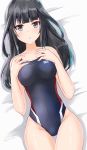  1girl agatsuma_kaede alice_gear_aegis ass_visible_through_thighs black_eyes black_hair black_swimsuit breasts collarbone competition_swimsuit cowboy_shot hands_on_own_chest highres long_hair looking_at_viewer lying medium_breasts one-piece_swimsuit rasen_manga solo swimsuit thigh_gap 