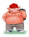  2020 anthro belly blush bottomwear clothing domestic_pig hat headgear headwear kemono male mammal moobs navel nipples overweight overweight_male pants simple_background solo suid suina sus_(pig) toshi_(artist) 