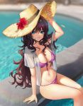  1girl absurdres arm_support arm_up bikini blue_eyes blurry breasts brown_hair brown_headwear cleavage depth_of_field flower front-tie_bikini front-tie_top hand_on_headwear hat hat_flower hibiscus highres ichinose_shiki idolmaster idolmaster_cinderella_girls large_breasts long_hair looking_at_viewer navel no_pants open_clothes open_shirt pool purple_bikini short_sleeves sitting solo stomach straw_hat string_bikini swimsuit thighs water xi_xeong 