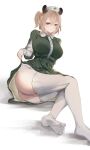  1girl absurdres animal_ears blush breasts brown_hair clothes_lift dress dress_lift full_body garter_straps green_dress green_eyes harikyon_dzs hat highres indie_virtual_youtuber large_breasts looking_at_viewer nimi_nightmare nurse_cap simple_background smile solo tapir_ears tapir_girl thighhighs virtual_youtuber white_background white_thighhighs 