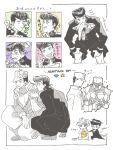  1other 2boys :d absurdres baggy_pants chain cheese chibi coat crazy_diamond diamond_wa_kudakenai english_text flying_sweatdrops food frown gakuran gem_(symbol) halftone hat higashikata_josuke highres jacket jojo_no_kimyou_na_bouken kemonomimi_mode kujo_jotaro looking_at_another male_focus multiple_boys multiple_views pants pants_rolled_up pompadour school_uniform shoes short_hair smile sparkle squatting star_(symbol) sweatdrop t_0nd very_short_hair 