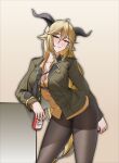  1girl absurdres ahoge alter_kamerade animal_ears arknights beer_can black_horns black_necktie blonde_hair blush breasts brown_background brown_pantyhose buttons can chinese_commentary cleavage collarbone commentary_request curled_horns degenbrecher_(arknights) drink drink_can gradient_background green_jacket hair_between_eyes half-closed_eyes highres holding holding_can holding_drink horns jacket lapels large_breasts leaning leaning_forward long_hair long_sleeves looking_at_viewer necktie no_pants open_clothes open_jacket pantyhose parted_lips shirt solo unbuttoned unbuttoned_jacket undone_necktie very_long_hair yellow_eyes yellow_shirt 