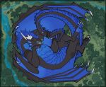 alex_jental_fly anthro black_body black_tail black_wings blue_body blue_eyes blue_mane blue_scales blue_tail blue_tongue blue_wings cheek_frill dragon fangs forked_tongue hi_res horn kardinaluz macro male mane membrane_(anatomy) membranous_wings mythological_creature mythological_scalie mythology open_mouth outside scales scalie semi-anthro sharp_teeth solo tail teeth tongue tongue_out water white_horn wings