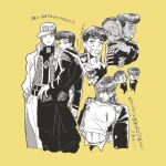  3boys anchor_ornament anchor_symbol bandaid bandaid_on_face belt black_jacket blood chibi collared_jacket cropped_shirt diamond_wa_kudakenai gakuran greyscale_with_colored_background hand_on_another&#039;s_hip hand_on_another&#039;s_shoulder hand_on_own_hip hat heart higashikata_josuke highres jacket jojo_no_kimyou_na_bouken kujo_jotaro long_coat looking_at_another looking_at_viewer male_focus midriff multiple_boys navel nijimura_okuyasu nosebleed peace_symbol pompadour school_uniform shirt star_(symbol) t_0nd yellow_background 