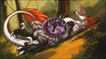 ambiguous_gender angel_(bloodshotgemini) belly big_belly blue_eyes bodily_fluids claws dinosaur dromaeosaurid duo feral grass head_feathers hi_res inside_stomach internal kardinaluz lying mane markings narrowed_eyes on_back open_mouth orange_eyes outside plant prehistoric_species red_mane reptile saliva saliva_string scalie sharp_teeth side_view striped_back striped_legs striped_markings striped_neck striped_tail stripes tail tail_markings teeth terr_(n0rad) theropod tree vore white_body white_claws