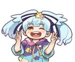 1girl ;d blue_hair blue_jacket blush bow brown_eyes chibi double_v drawstring hair_bow hair_ornament hands_up heart hood hood_down hooded_jacket hoshikawa_lily itsuki_tasuku jacket looking_at_viewer one_eye_closed round_teeth short_sleeves simple_background smile solo star_(symbol) star_hair_ornament striped_bow teeth thick_eyebrows twintails upper_body upper_teeth_only v white_background zombie_land_saga 