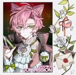  1boy ahoge animal_ears annoyed artbook ascot bored bow bowtie brooch cat_boy cat_ears commission flower frilled_cuffs frills gradient_background green_eyes green_ribbon hair_intakes high_collar holding holding_test_tube jacket jewelry kamika leaf letter lineart long_sleeves male_focus messy_hair multiple_views open_collar original parted_bangs pink_hair pink_jacket plant portrait potion red_background reference_sheet ribbon rose shirt short_hair simple_background sleeves_past_wrists slit_pupils solo sparkle split_crop test_tube tsurime upper_body vines wax_seal white_flower white_rose white_shirt 