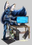  absurd_res anthro blue_screen_of_death bodily_fluids breasts computer computer_screen cyber cybernetics ear_tuff genital_fluids genitals hi_res jex machine peeing pussy raveneevee smoke solo terra urine watersports 