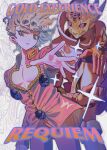  1boy 1other aqua_eyes blonde_hair bug character_name cleavage_cutout clothing_cutout cowboy_shot earrings film_grain foreshortening giorno_giovanna gold_experience_requiem heavy_film_grain highres jacket jewelry jojo_no_kimyou_na_bouken ladybug ladybug_ornament looking_at_viewer male_focus pants pectoral_cleavage pectorals pink_jacket pink_pants reaching reaching_towards_viewer simple_background sparkle stand_(jojo) stud_earrings tami_tome_mo vento_aureo victory_rolls 