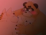  2020 anthro blush bodily_fluids canid canine canis domestic_dog duo eyewear glasses humanoid_hands kemono male male/male mammal moobs nipples overweight overweight_male raccoon_dog sweat tanuki toshi_(artist) 