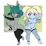 1:1 anthro big_breasts blonde_hair blue_body breasts butt clothing digital_media_(artwork) duo female fishnet_clothing fur green_hair hair hi_res humanoid humanoid_pointy_ears jazzyrakk league_of_legends legwear mammal nipples nude pigtails pointy_ears poppy_(lol) riot_games short_stack simple_background smile stockings tencent thick_thighs vex_(lol) wide_hips yordle