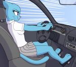 3_toes 4_fingers barefoot barefoot_driving blue_body blue_feet blue_fur bottomwear car cartoon_network clothing dashboard domestic_cat electronics feet felid feline felis female fingers fur grey_bottomwear grey_clothing grey_skirt hi_res inside_car inside_vehicle interior_view leo-san mammal nicole_watterson pedal_pumping pink_nose purple_eyes radio shirt skirt smile solo speedometer steering_wheel teeth the_amazing_world_of_gumball toes topwear vehicle white_clothing white_shirt white_topwear