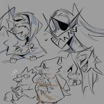 1:1 alphys anthro barefoot biped clothed clothed_anthro clothed_female clothing duo eye_patch eyebrows eyes_closed eyewear feet female fingers freckles glacierclear glasses grey_background hair hi_res marine scalie sharp_teeth simple_background smile teeth topwear undertale_(series) undyne
