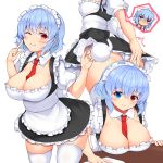  1girl ;) alternate_costume apron ass bangs between_breasts black_dress blue_eyes blue_hair blush breasts cleavage commentary_request cowboy_shot dress enmaided eyebrows_visible_through_hair finger_to_cheek frilled_apron frills hands_up heterochromia highres holding_teapot large_breasts looking_at_viewer maid maid_headdress multiple_views necktie necktie_between_breasts one_eye_closed panties pantyshot partial_commentary red_eyes red_neckwear shirt short_hair simple_background smile standing tatara_kogasa thighhighs thighs tokoya_(ex-hetare) touhou underwear waist_apron white_apron white_background white_legwear white_panties white_shirt 