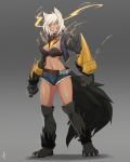 absurd_res animal_humanoid belt black_sclera black_tail blazblue breasts bullet_(blazblue) canid canid_humanoid clenched_fists clothed clothing collar female hair hellhound_(mge) hi_res humanoid less_(artist) looking_at_viewer mammal mammal_humanoid monster_girl_(genre) monster_girl_encyclopedia simple_background skimpy small_breasts smile solo video_games white_hair yellow_eyes 