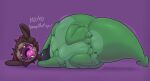2021 after_vore american_mythology anthro belly big_belly chupacabra denatured_albumin_(character) denaturedalbumin duo green_body lying male mythology on_side overweight purple_background simple_background text vore