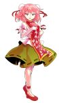  1girl bandaged_arm bandages bun_cover commentary dairi double_bun flower full_body green_skirt hair_between_eyes hair_bun hand_on_own_hip hand_up ibaraki_kasen large_variant_set looking_at_viewer medium_hair open_mouth pink_eyes pink_flower pink_hair print_tabard puffy_short_sleeves puffy_sleeves red_ribbon red_shoes red_tabard ribbon shirt shoes short_sleeves skirt smile solo standing tabard tachi-e touhou variant_set white_shirt 