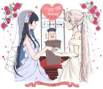  3girls alternate_costume alternate_hairstyle artist_collaboration black_hair blue_dress blue_hat blush bridal_veil closed_mouth commentary_request dress english_text eye_contact flower fujiwara_no_mokou gloves hair_flower hair_ornament hat heart highres houraisan_kaguya jewelry jyazo_pic long_hair looking_at_another multiple_girls paint_chat_(medium) ponytail red_eyes red_flower red_rose ring rose see-through_clothes see-through_veil smile speech_bubble spoken_heart strapless strapless_dress ta_mi_01000 touhou translation_request veil very_long_hair wedding wedding_dress wedding_ring white_dress white_gloves wife_and_wife yagokoro yagokoro_eirin yuri 