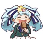  1girl :d ^_^ blue_bow blue_hair blush_stickers bow chibi closed_eyes collared_shirt facing_viewer food food_request hair_bow hair_ornament heart heart_in_mouth holding holding_food hoshikawa_lily itsuki_tasuku long_hair pleated_skirt round_teeth shirt simple_background skirt smile solo star_(symbol) star_hair_ornament striped_bow teeth twintails upper_teeth_only very_long_hair white_background white_shirt white_skirt zombie_land_saga 
