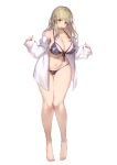  1girl :o absurdres bangs bare_shoulders blonde_hair blue_bra blue_panties bra breasts brown_eyes covered_nipples curvy dress_shirt eyebrows_visible_through_hair full_body gougasha_akira gougasha_akira_(character) highres large_breasts long_hair looking_at_viewer nail_polish navel no_horn off_shoulder open_clothes open_shirt original panties pink_nails shirt side-tie_panties simple_background sleeves_past_wrists solo standing thigh_gap underwear white_background white_shirt 